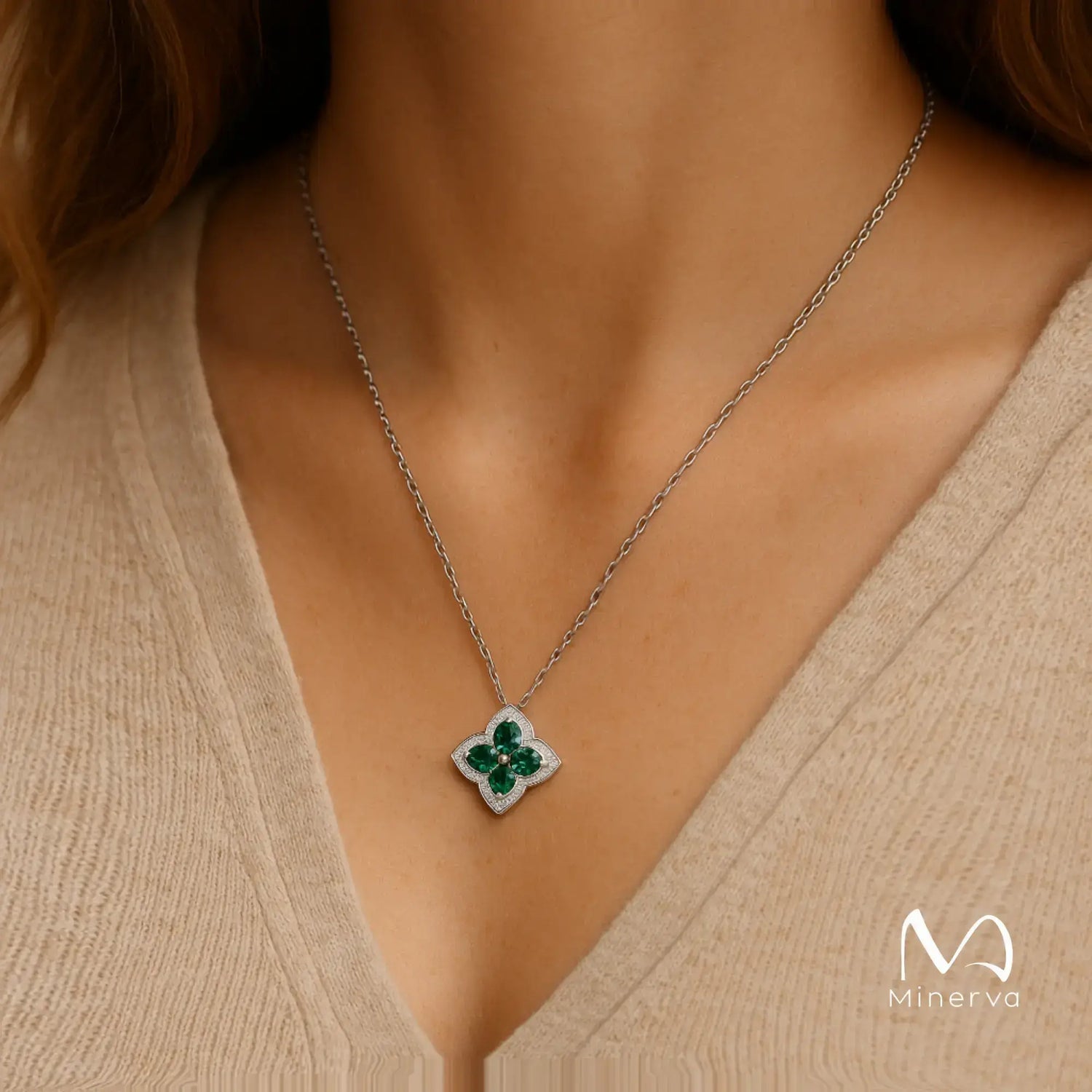 Minerva Four Leaf Clover Emerald Pendant Necklace