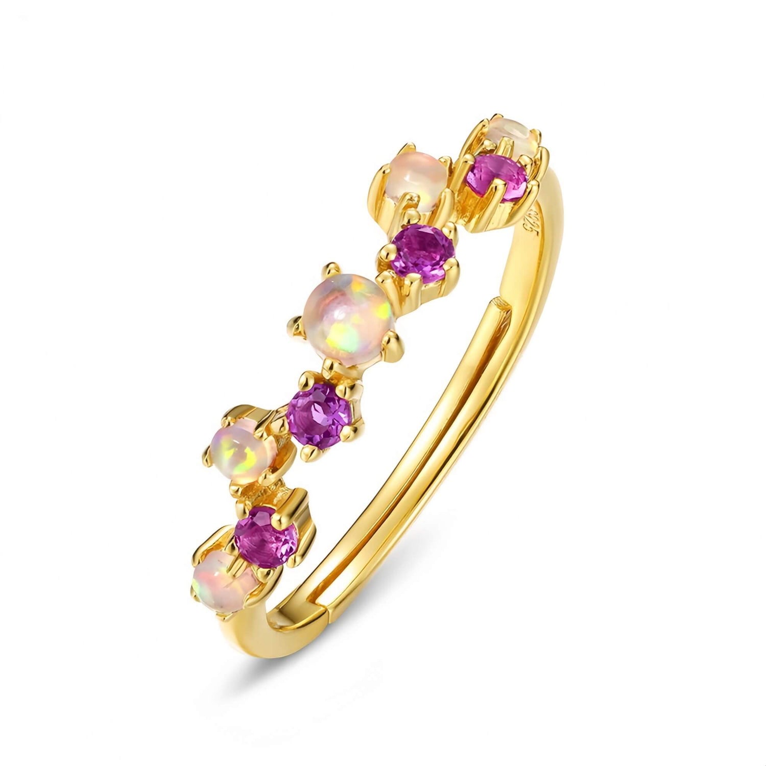 Opal and amethyst jewelry ring in gold, celebrating creativity and emotional balance.