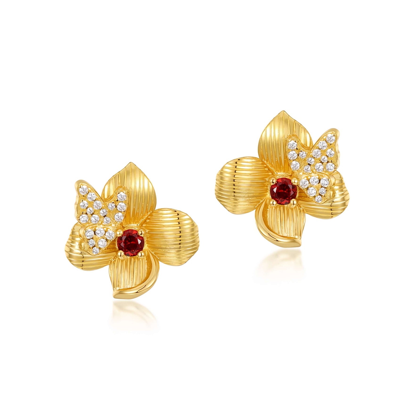 Ruby Garnet Studs Camellia Designed - Minerva Jewelry