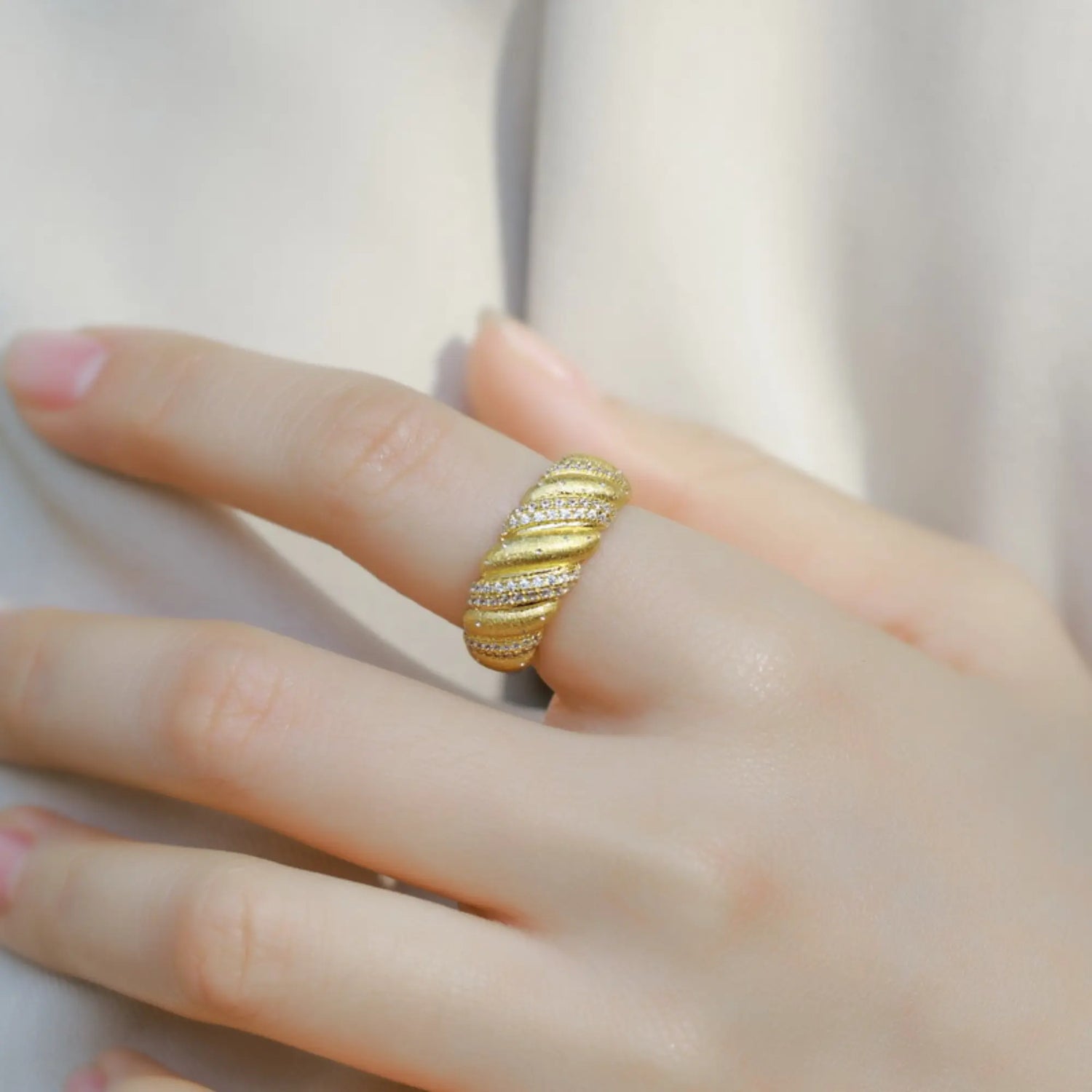 Gold Dome Ring - Micro-Pavé Waves