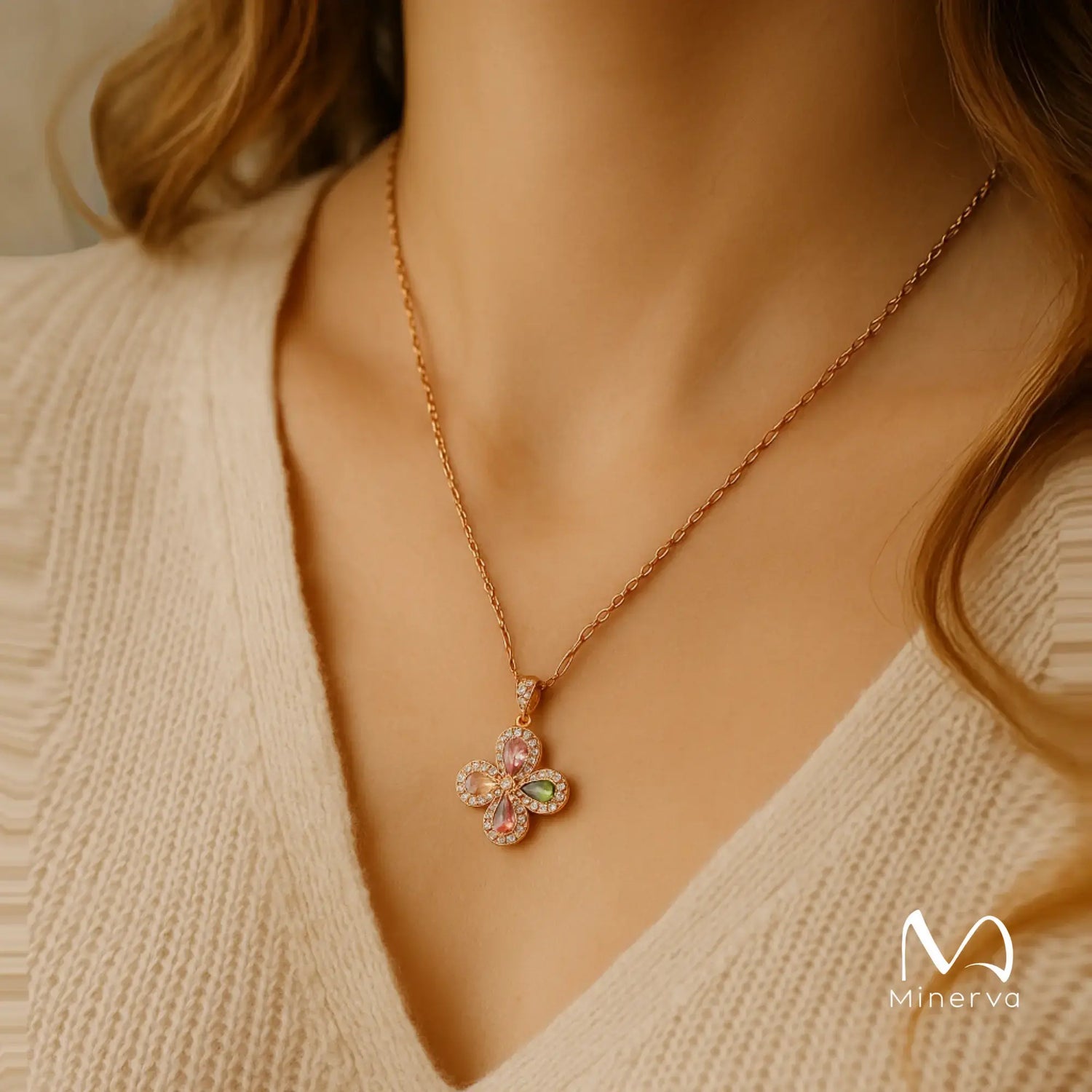 Healing Tourmaline Four Leaf Clover Necklace