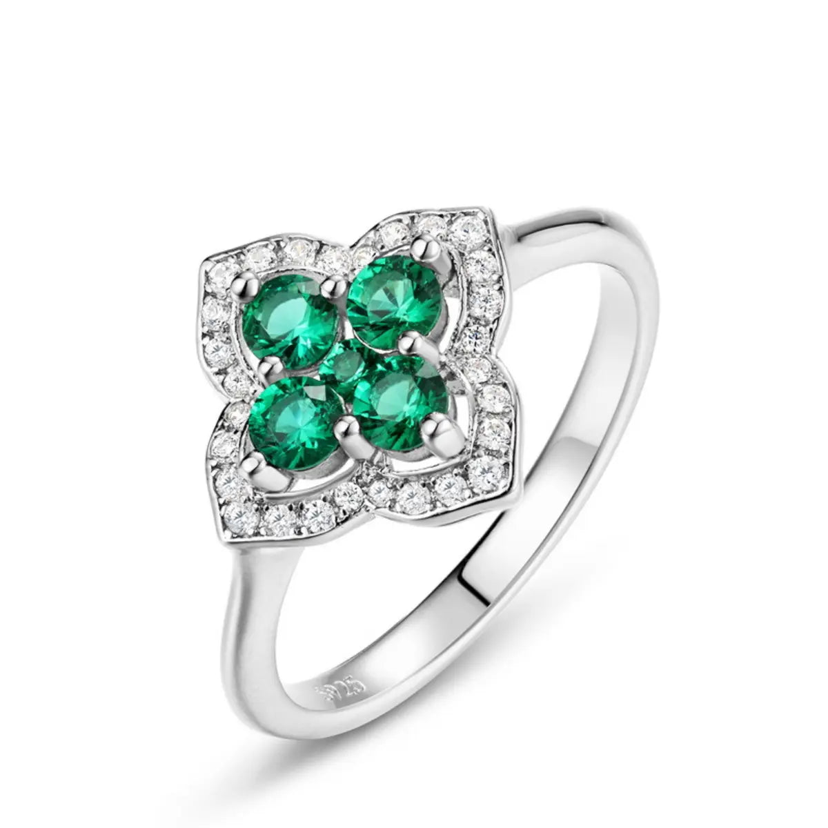 Four-leaf clover emerald ring bringing good fortune and positivity by Minerva Jewelry.