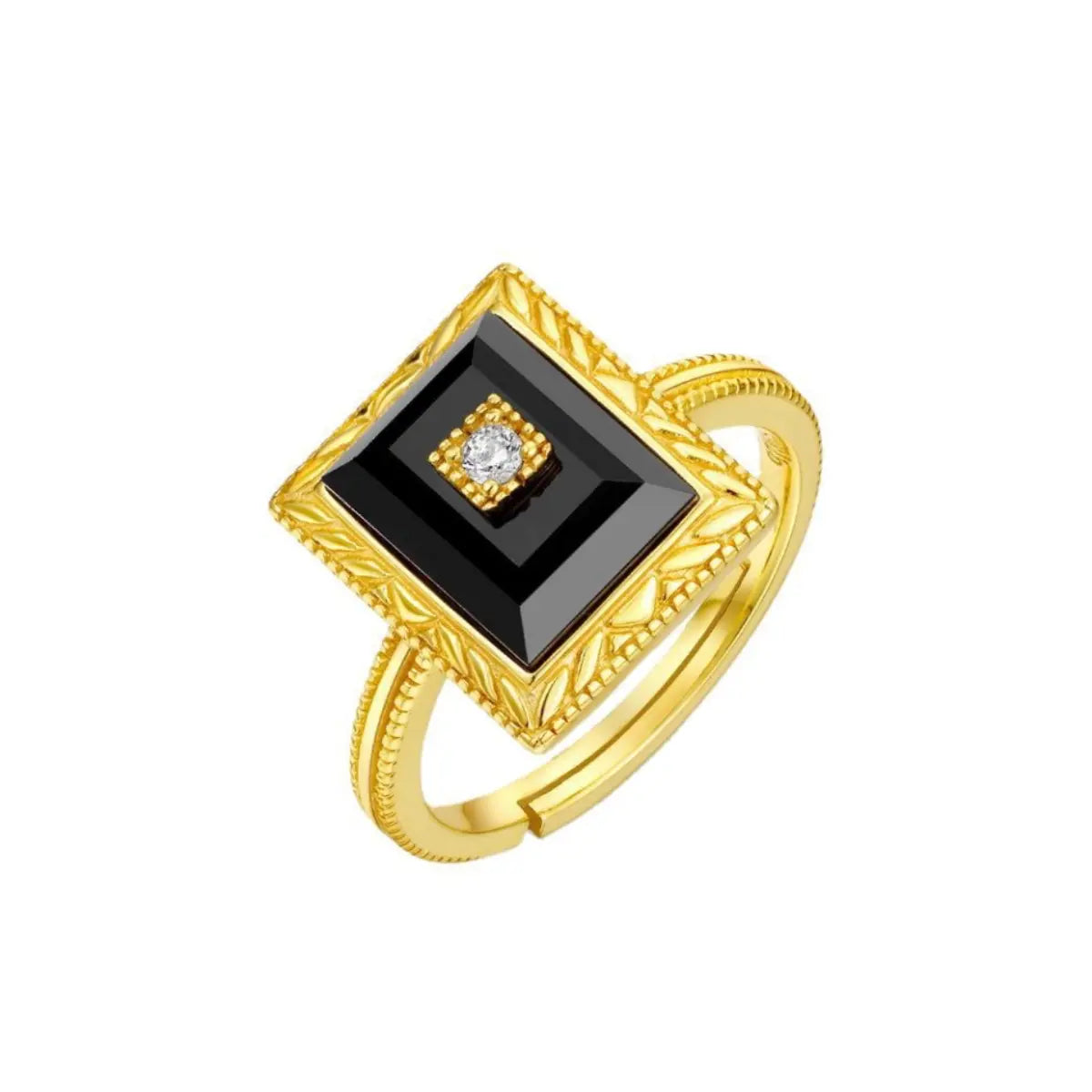 Square black onyx ring in gold setting, symbolising determination and bold minimalism by Minerva Jewelry.