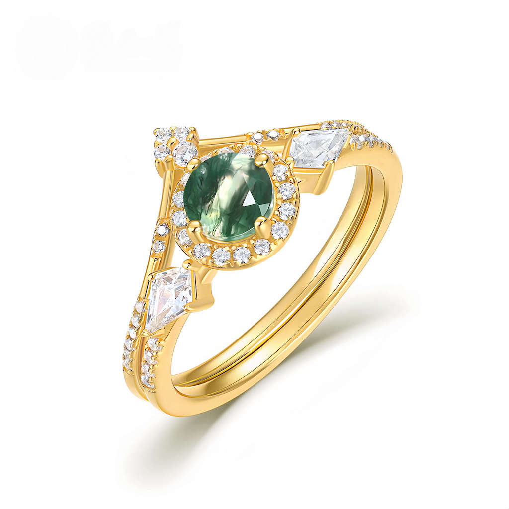 Gold moss agate jewelry ring set radiating positive energy and emotional grounding.