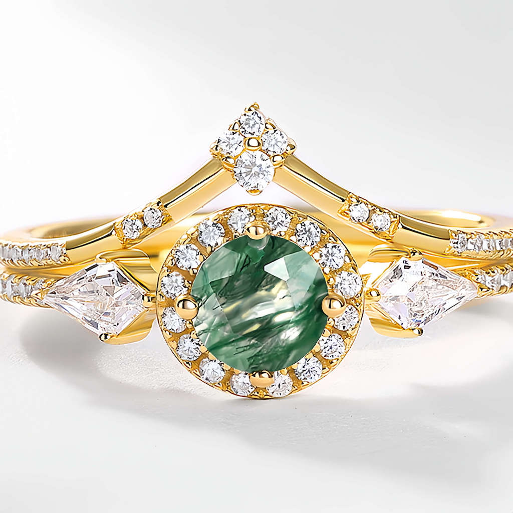 Gold Moss Agate Ring Set