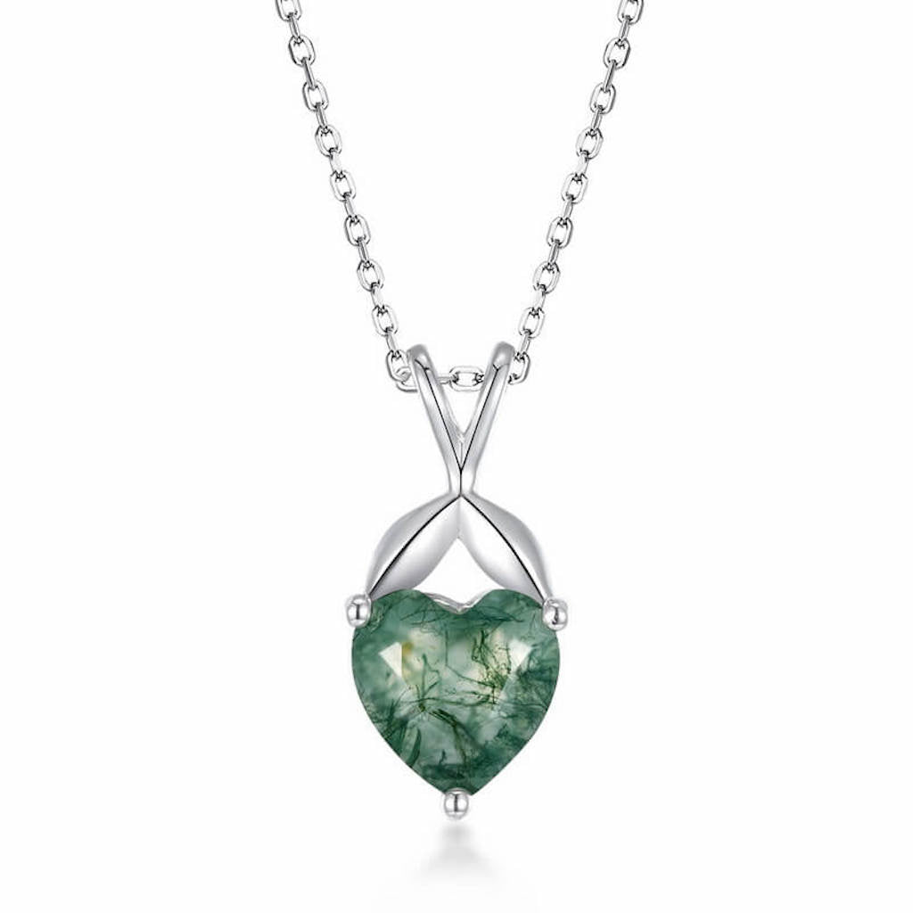 Heart-shaped moss agate jewelry necklace expressing compassion, healing and love.