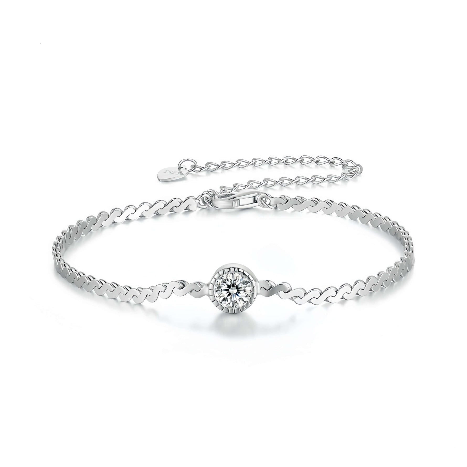 Silver moissanite jewelry chain bracelet representing simplicity, resilience and inner peace.