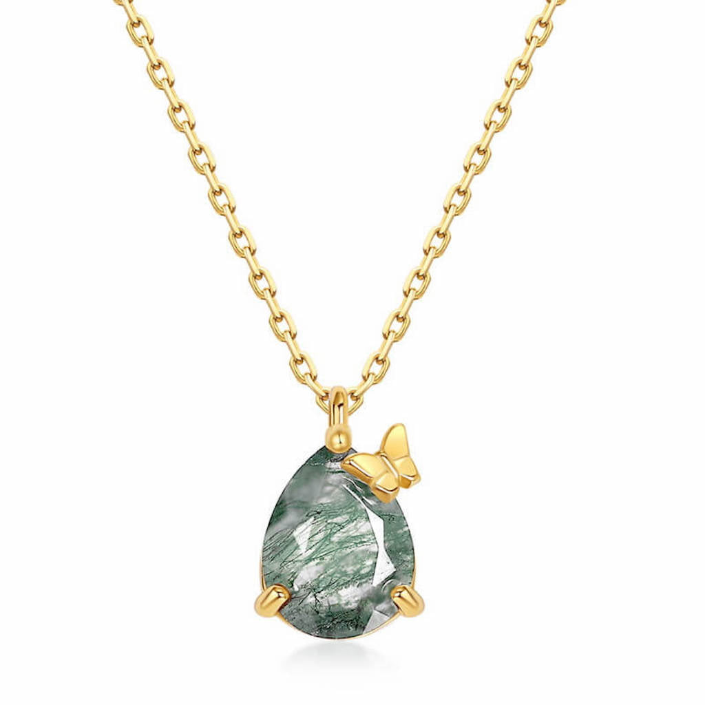 Butterfly pendant moss agate jewelry necklace representing transformation and growth.