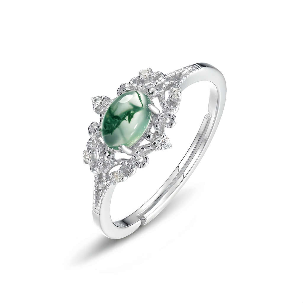 Oval moss agate jewelry ring, new 2024 design representing natural growth and stability.