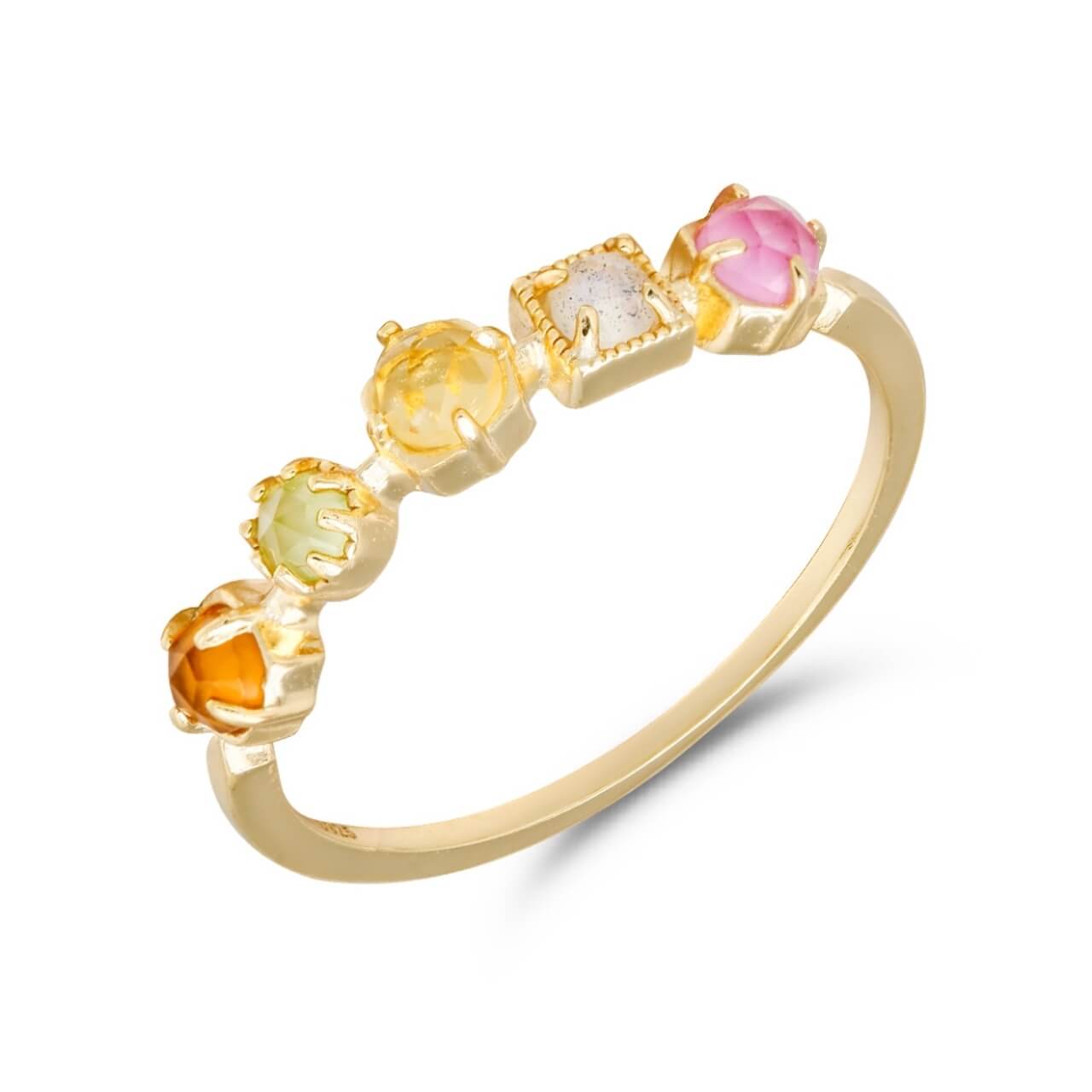 Multi-gem jewelry ring featuring peridot, citrine and garnet stones symbolising positivity and creativity.