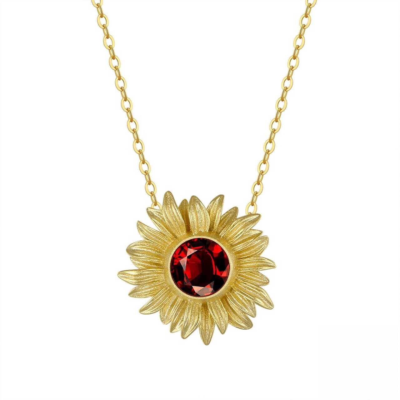 Natural garnet necklace resembling sunflower bloom, symbolising joy and life energy.