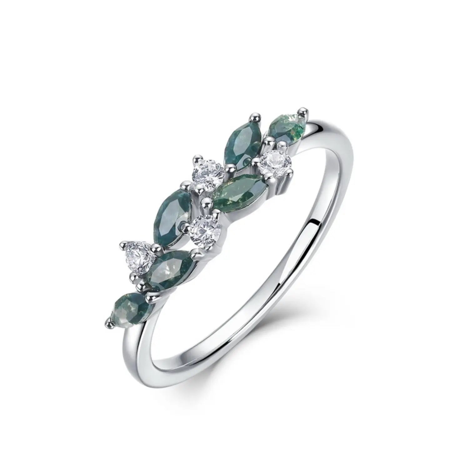 Cluster design moss agate jewelry ring symbolising unity, grounding and emotional calm.