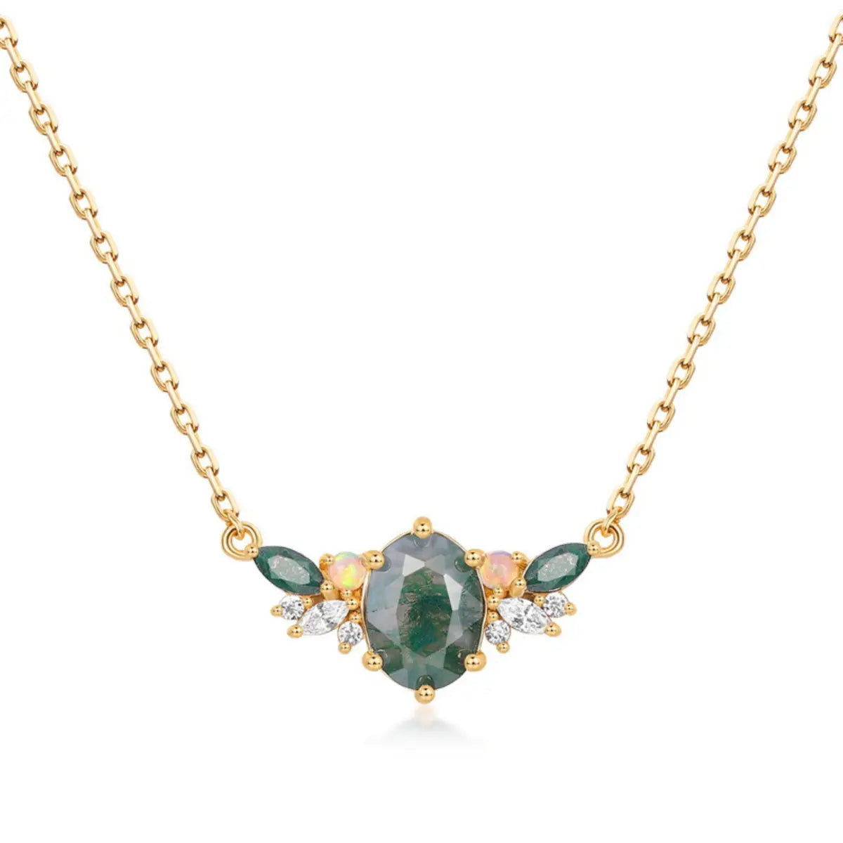 Natural moss agate jewelry necklace symbolising harmony, renewal and peaceful strength.