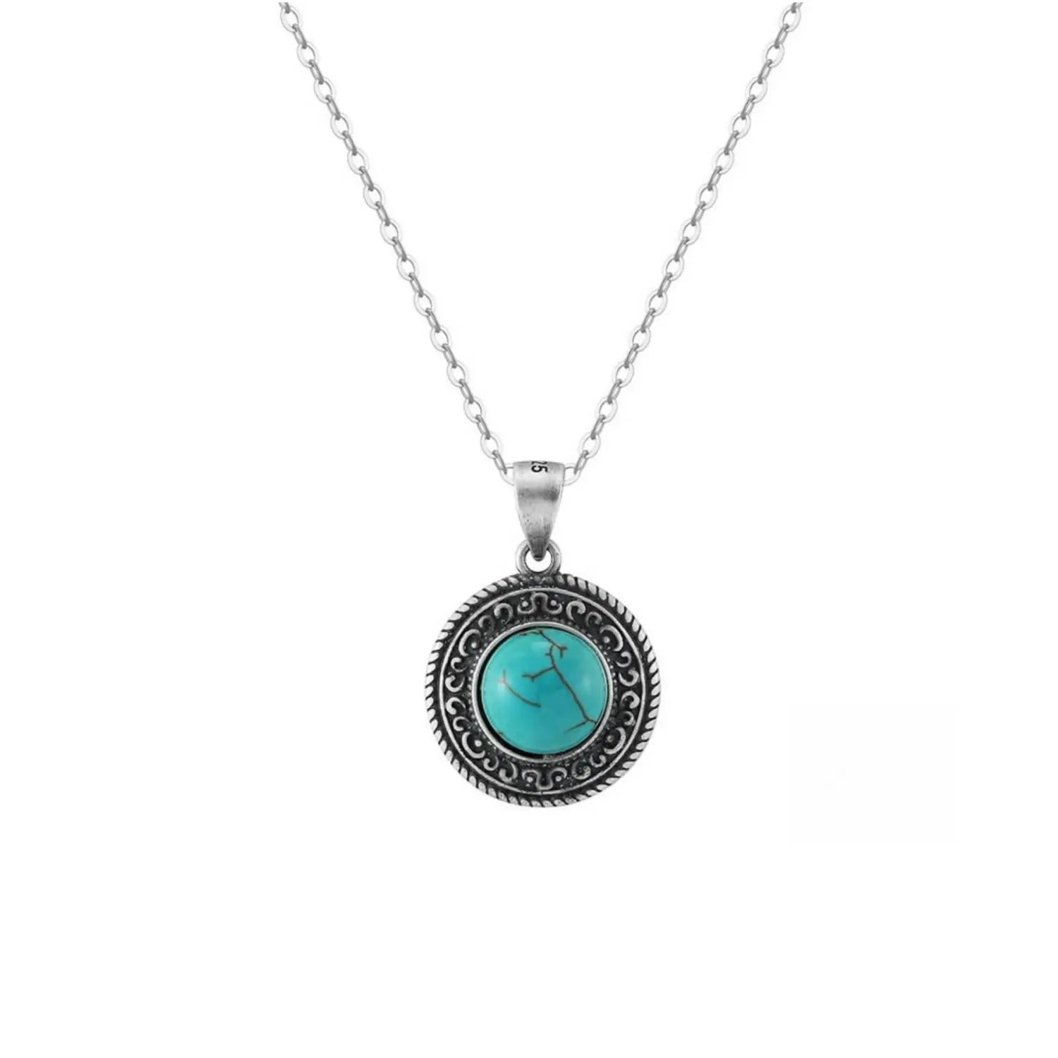 Classic turquoise jewelry necklace with round pendant symbolising serenity, health and positivity.