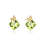 Peridot earrings 14k solid gold with wish-knot bow design, cushion-cut stones, symbol of good fortune and positivity.