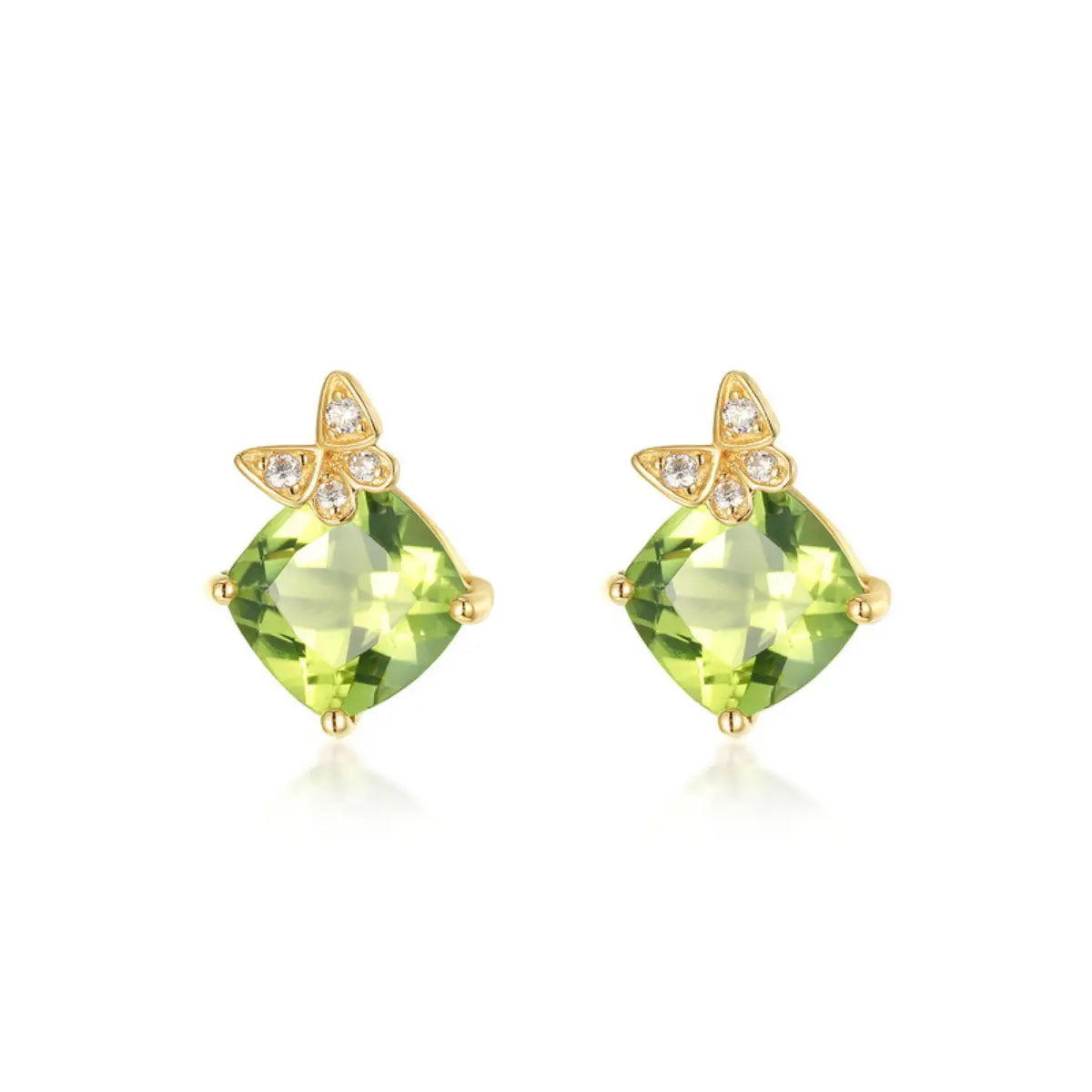 Peridot earrings 14k solid gold with wish-knot bow design, cushion-cut stones, symbol of good fortune and positivity.