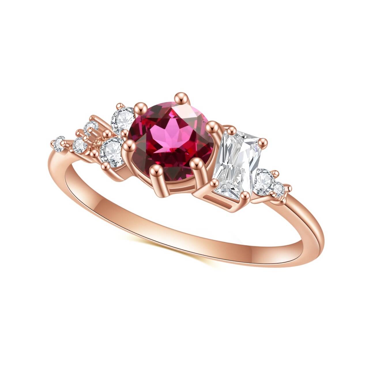 Ruby garnet ring in rose gold tones, reflecting courage and lasting affection.