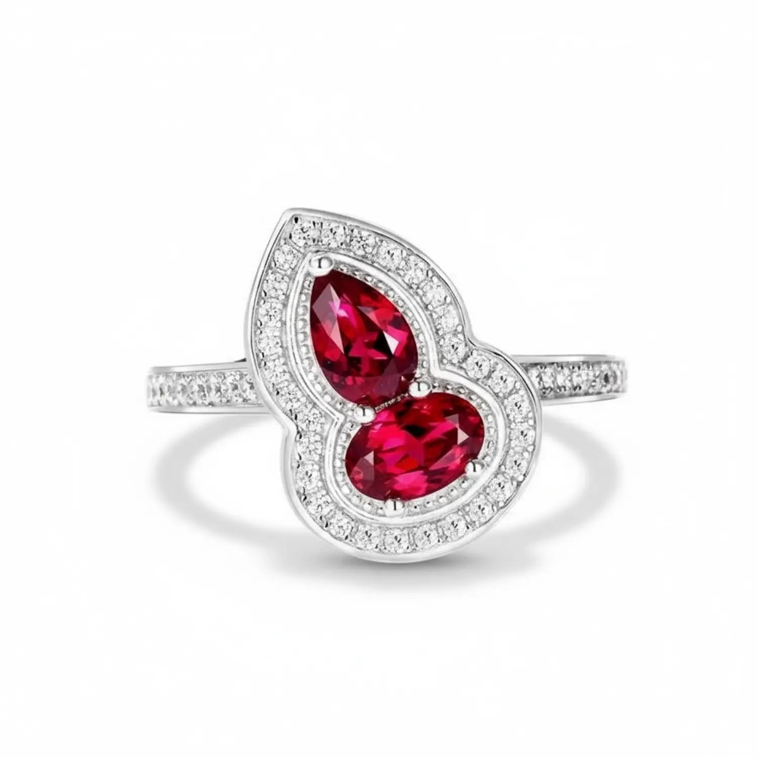 Ruby Pendant Ring with double gourd design featuring vivid red rubies set in sterling silver.