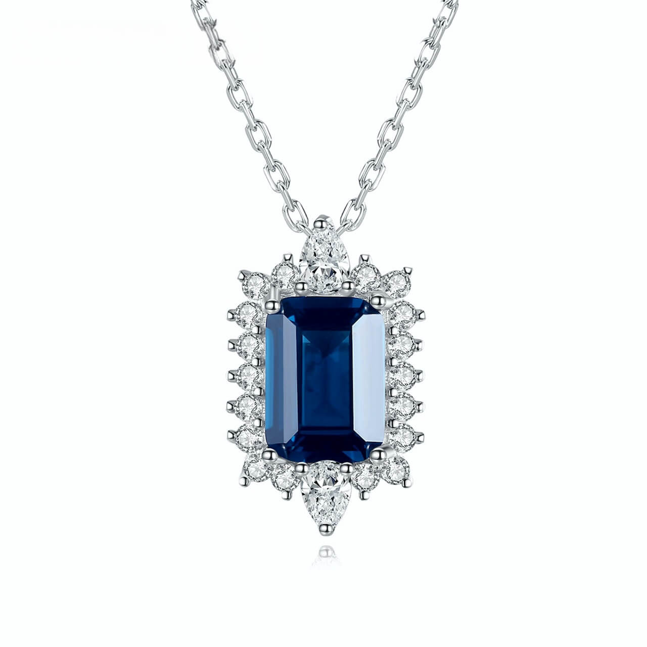 Emerald-cut sapphire jewelry necklace expressing devotion, clarity and peaceful strength.