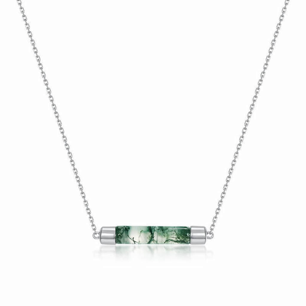 Bar pendant moss agate jewelry necklace crafted for clarity and earthy renewal.