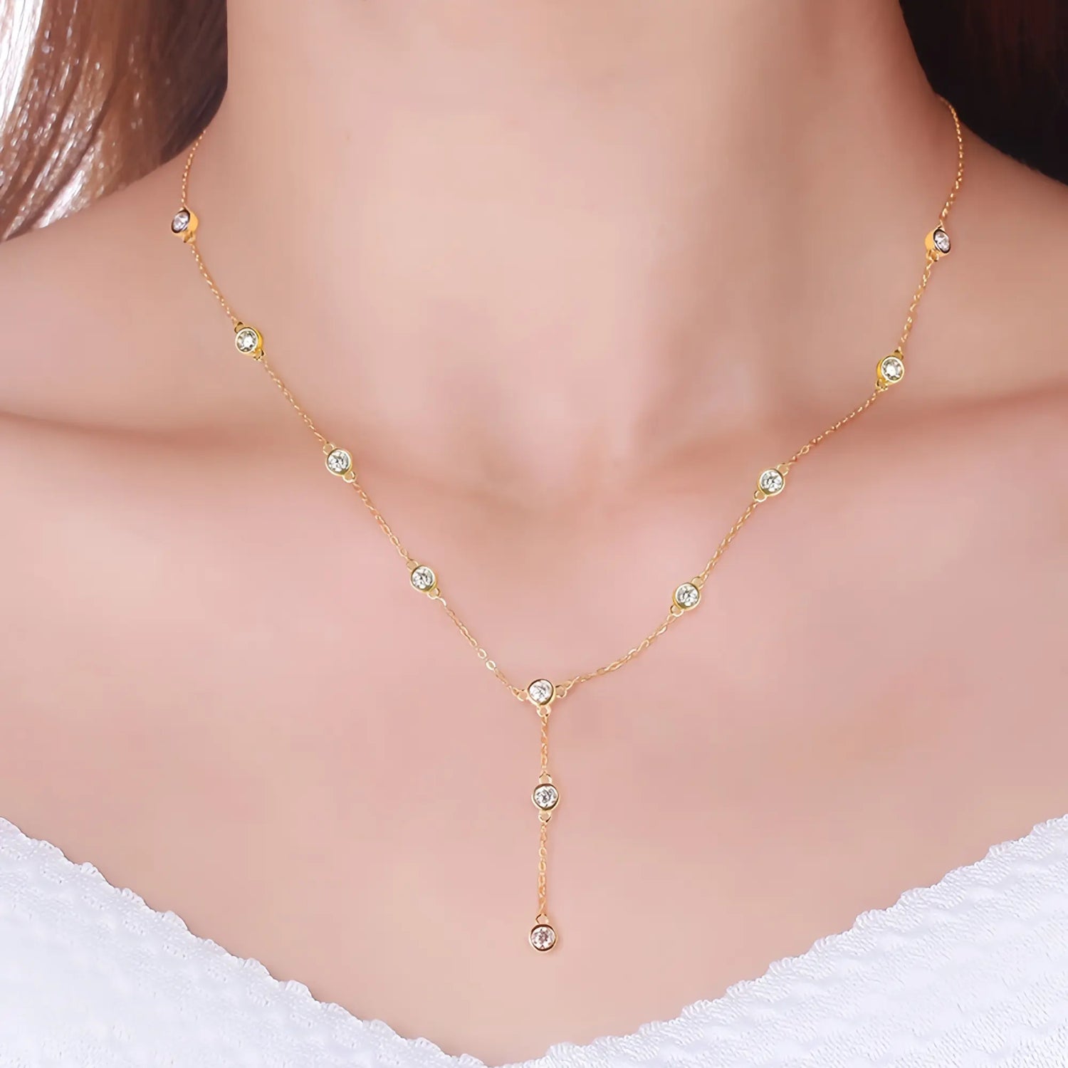 Moissanite Y Necklace with Station Setting