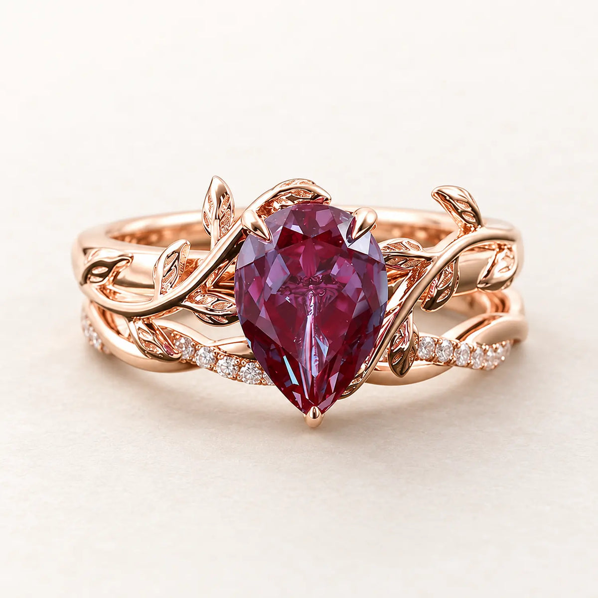 Pear Lab-Grown Alexandrite Vine Ring Set
