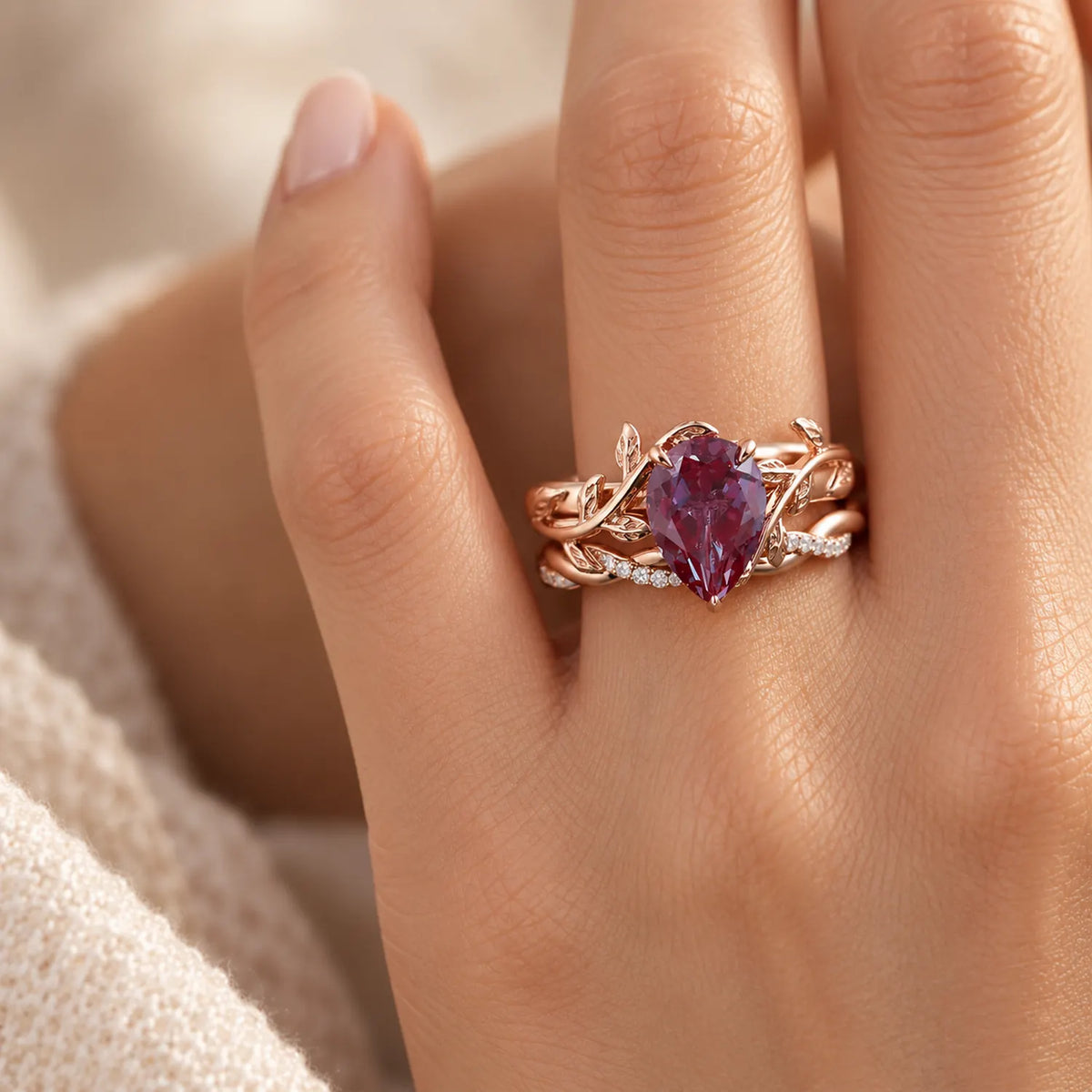 Pear Lab-Grown Alexandrite Vine Ring Set