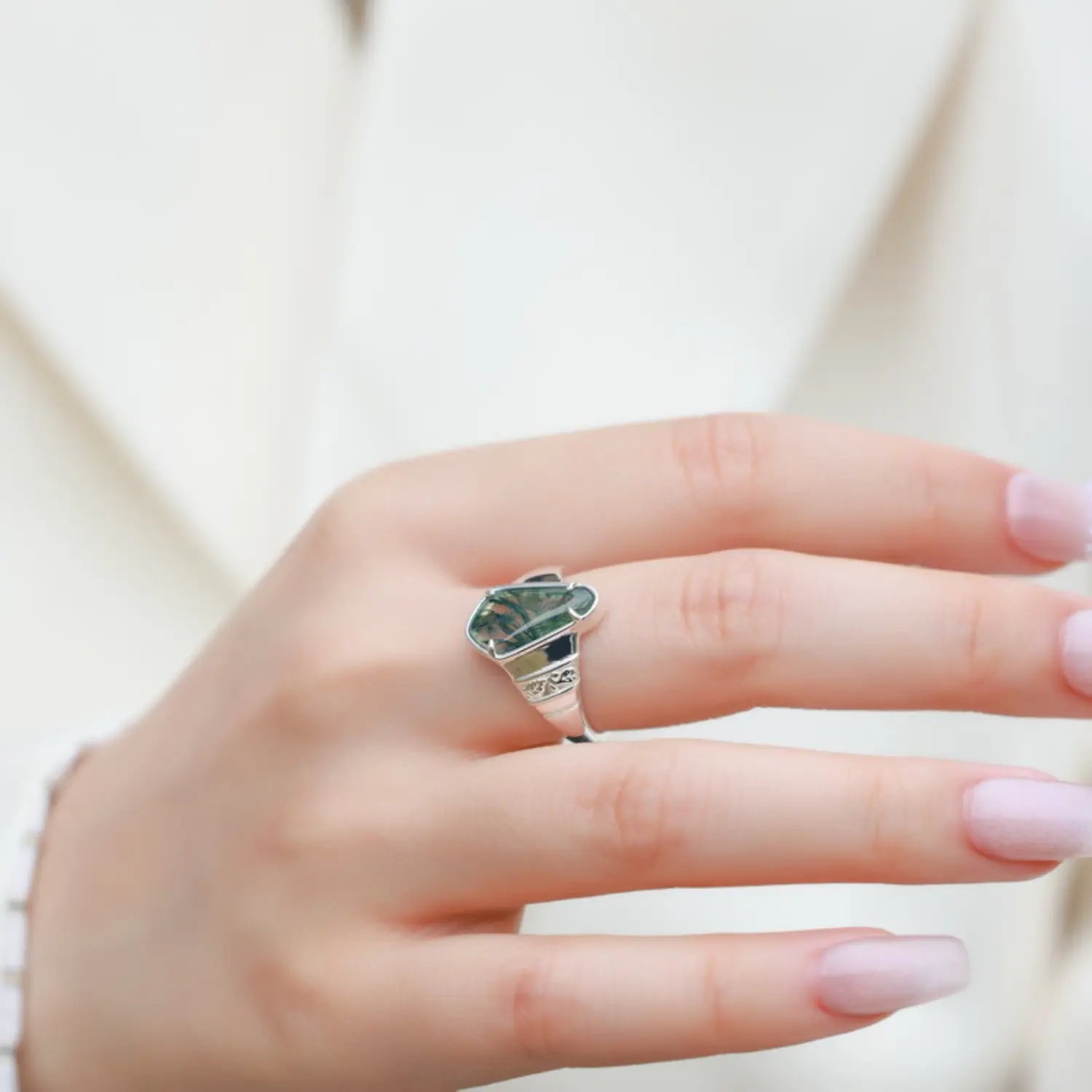 Natural Moss Agate Statement Ring – Raw Geometric Cut