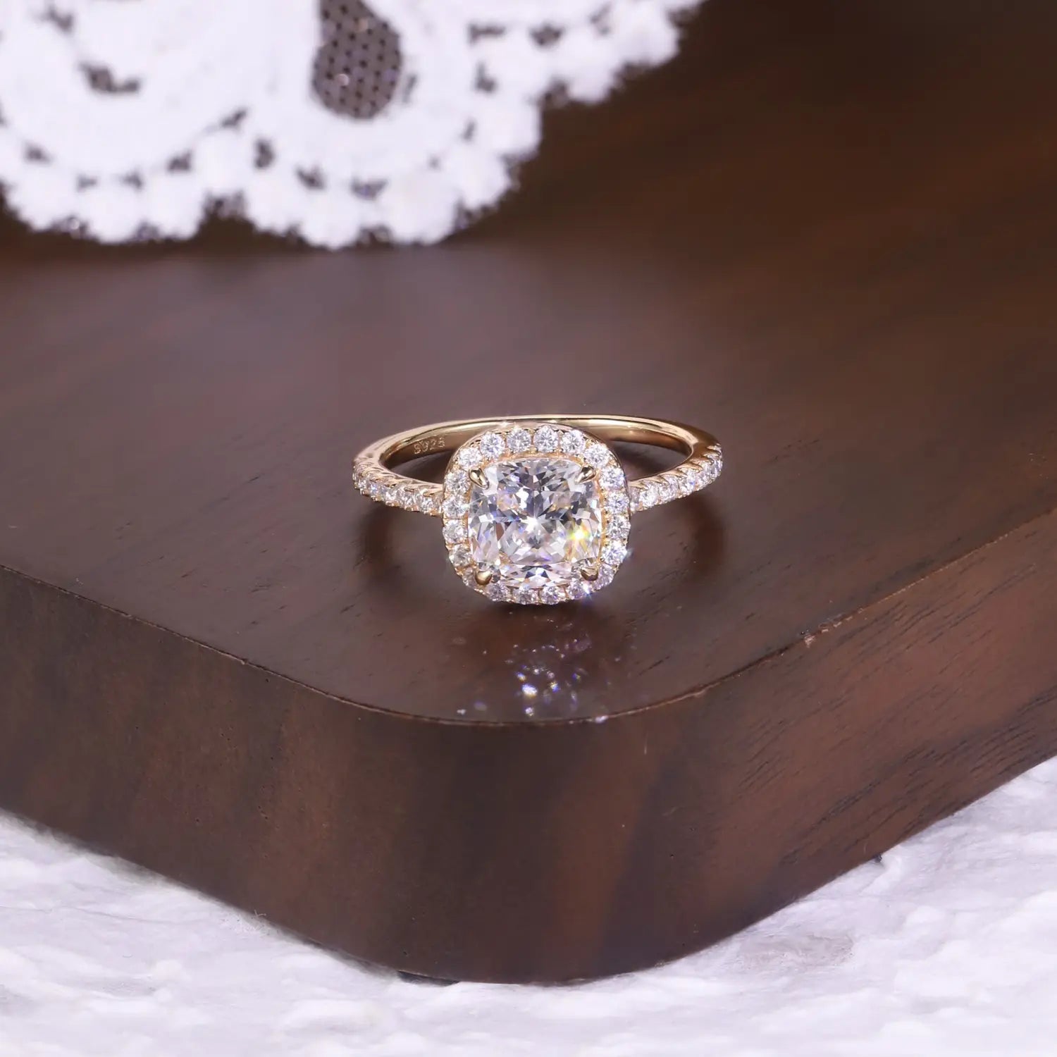 Cushion Halo Moissanite Ring in Gold