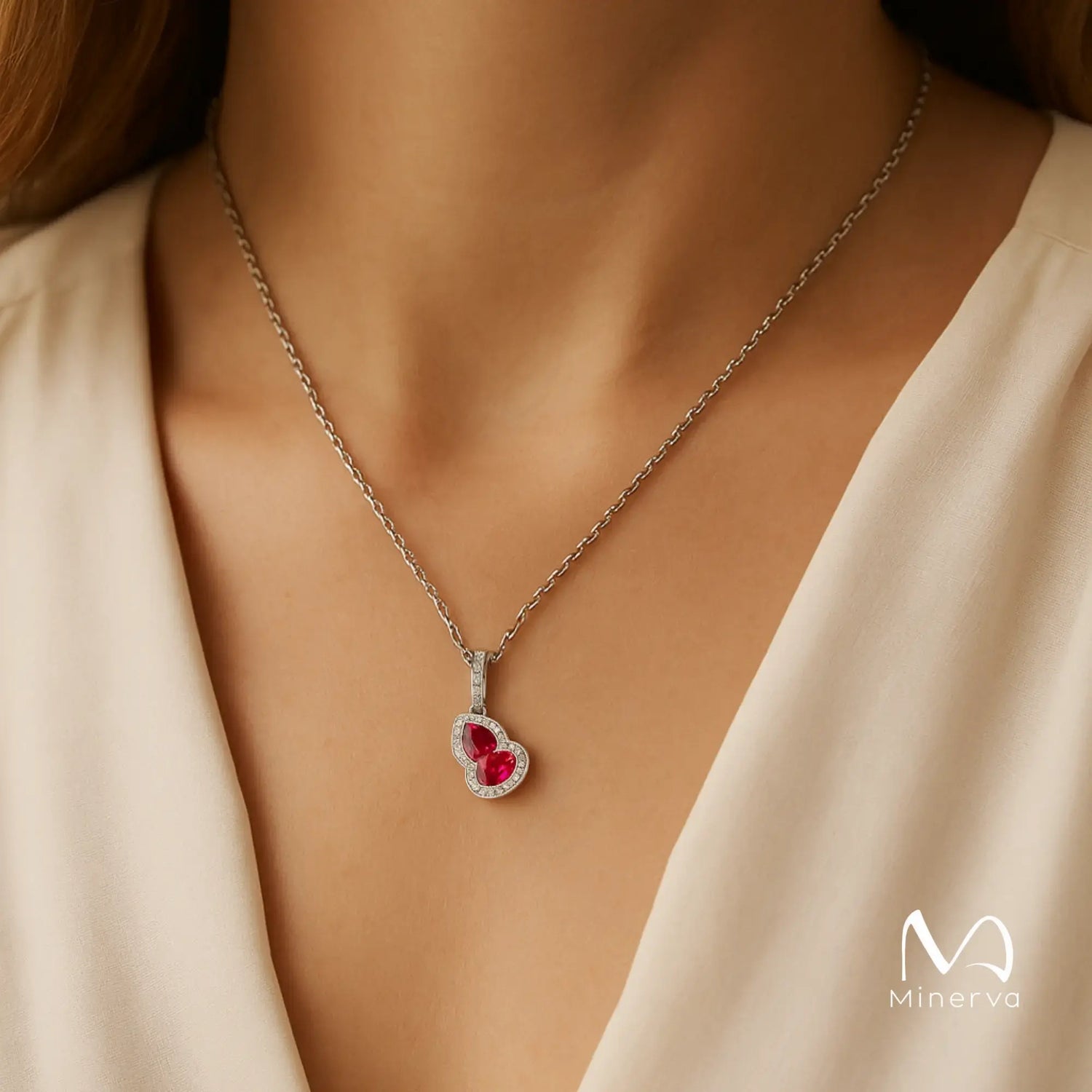 Double Ruby Gourd Pendant Necklace