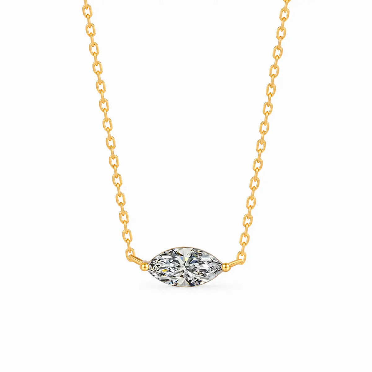 Marquise-cut moissanite necklace with the stone set horizontally between two chain ends.