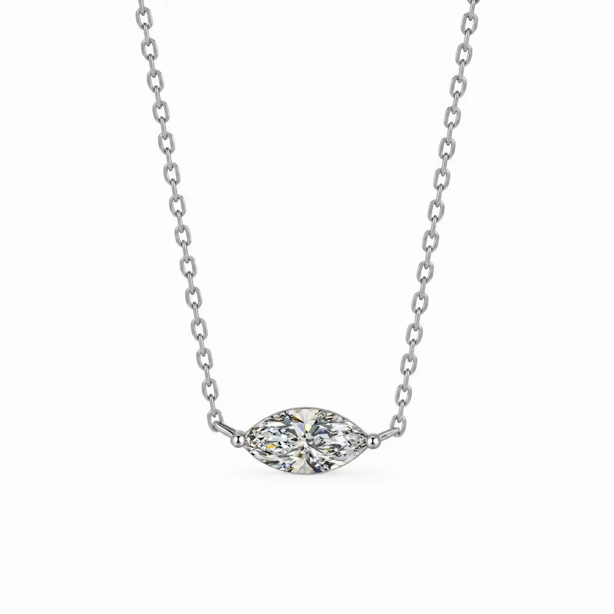 Marquise-cut moissanite necklace with the stone set horizontally between two chain ends.
