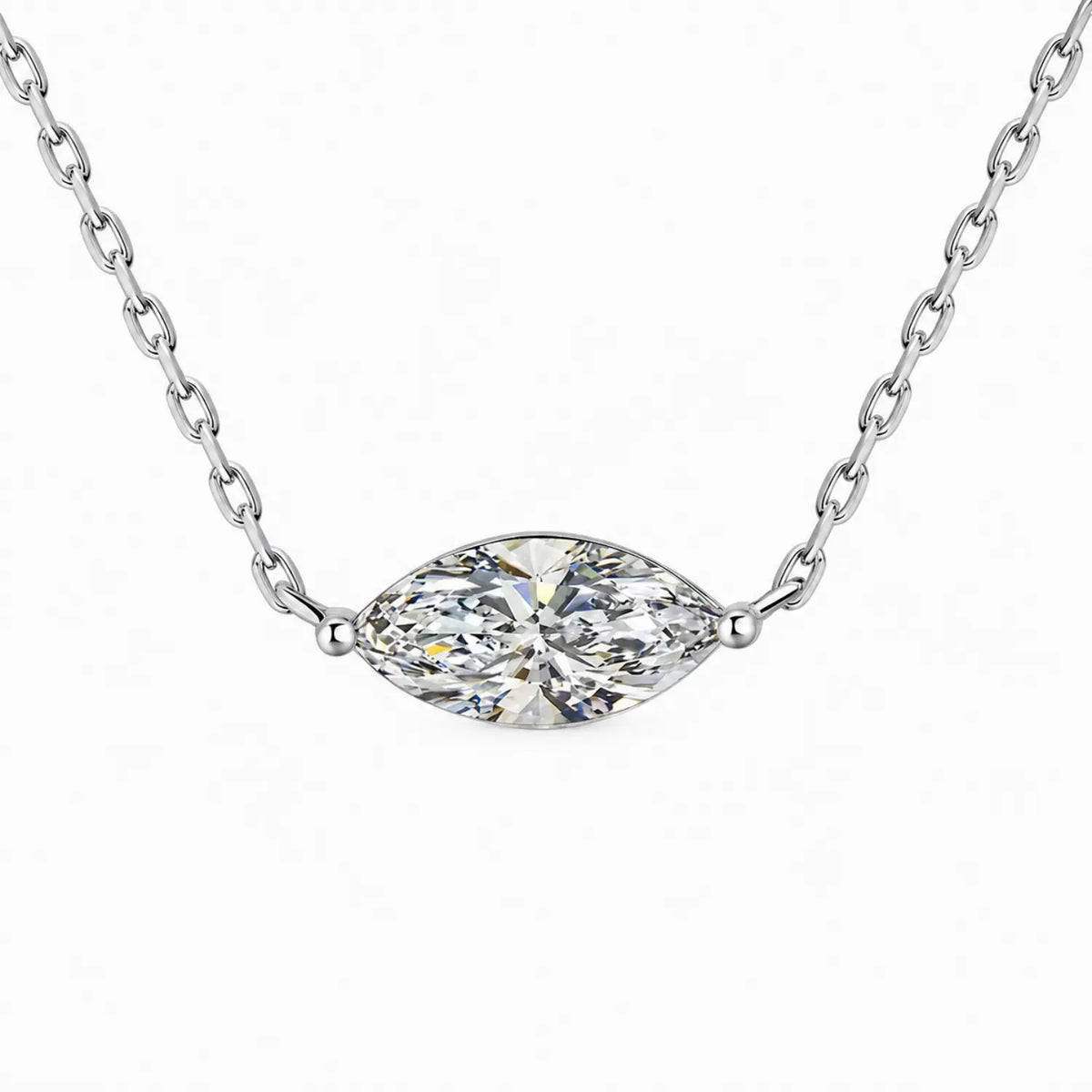 Marquise-cut moissanite necklace with the stone set horizontally between two chain ends.