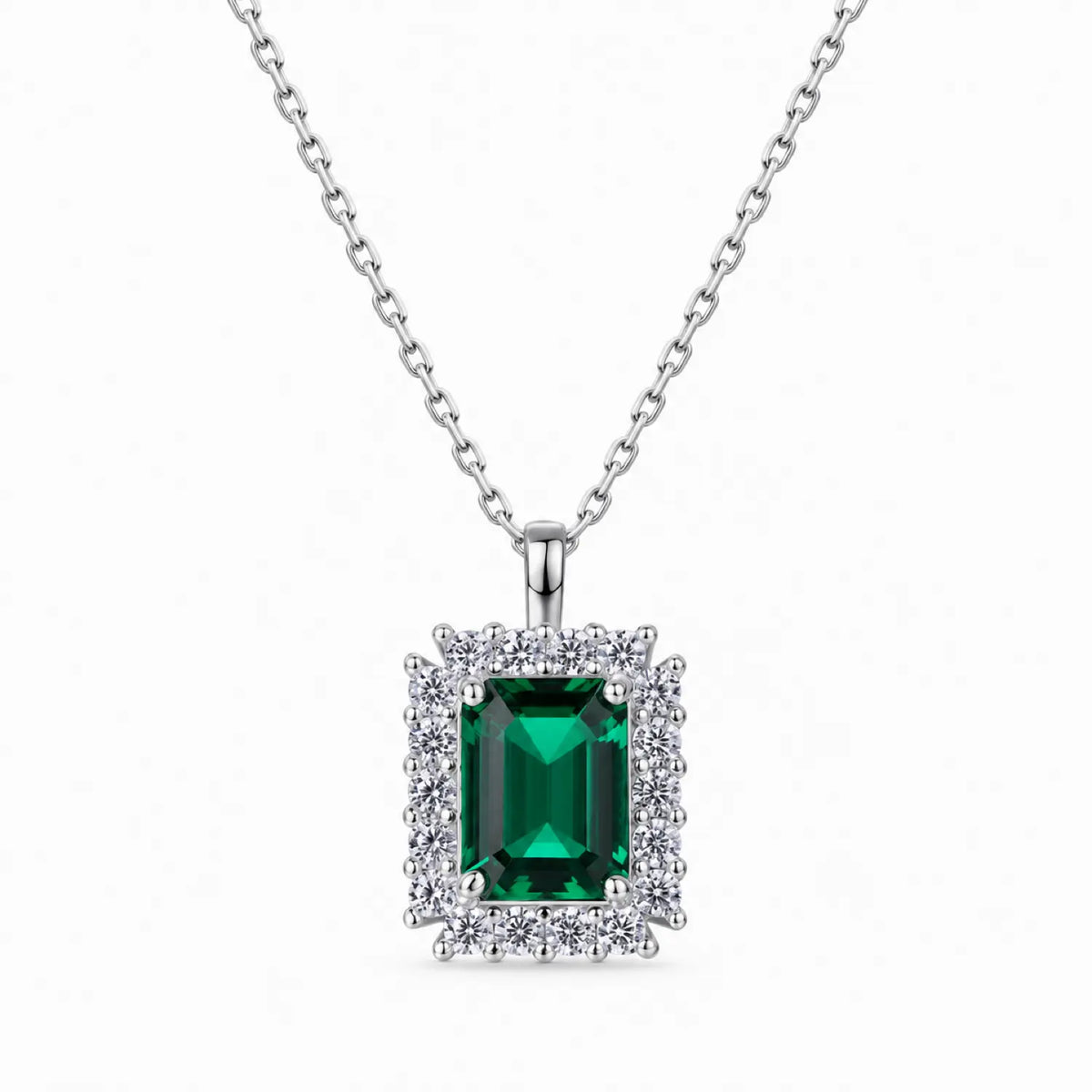 Emerald-Cut Lab-Grown Emerald Halo Necklace