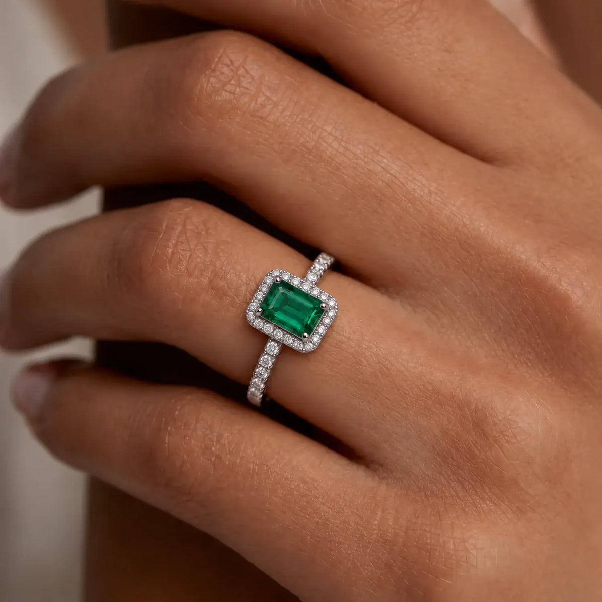 Emerald-Cut Lab-Grown Emerald Halo Ring
