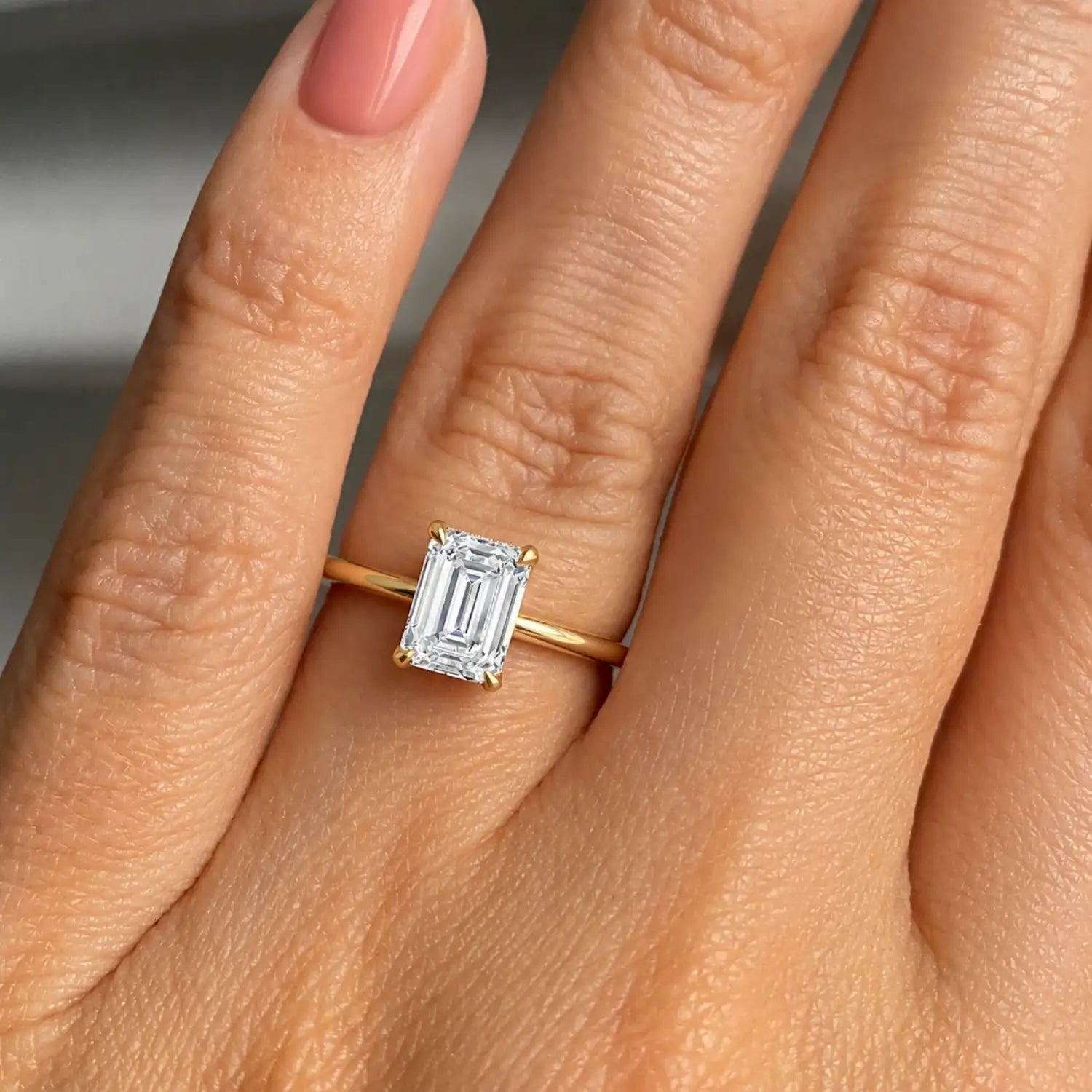 Emerald Cut Moissanite Ring Hidden Halo Gold