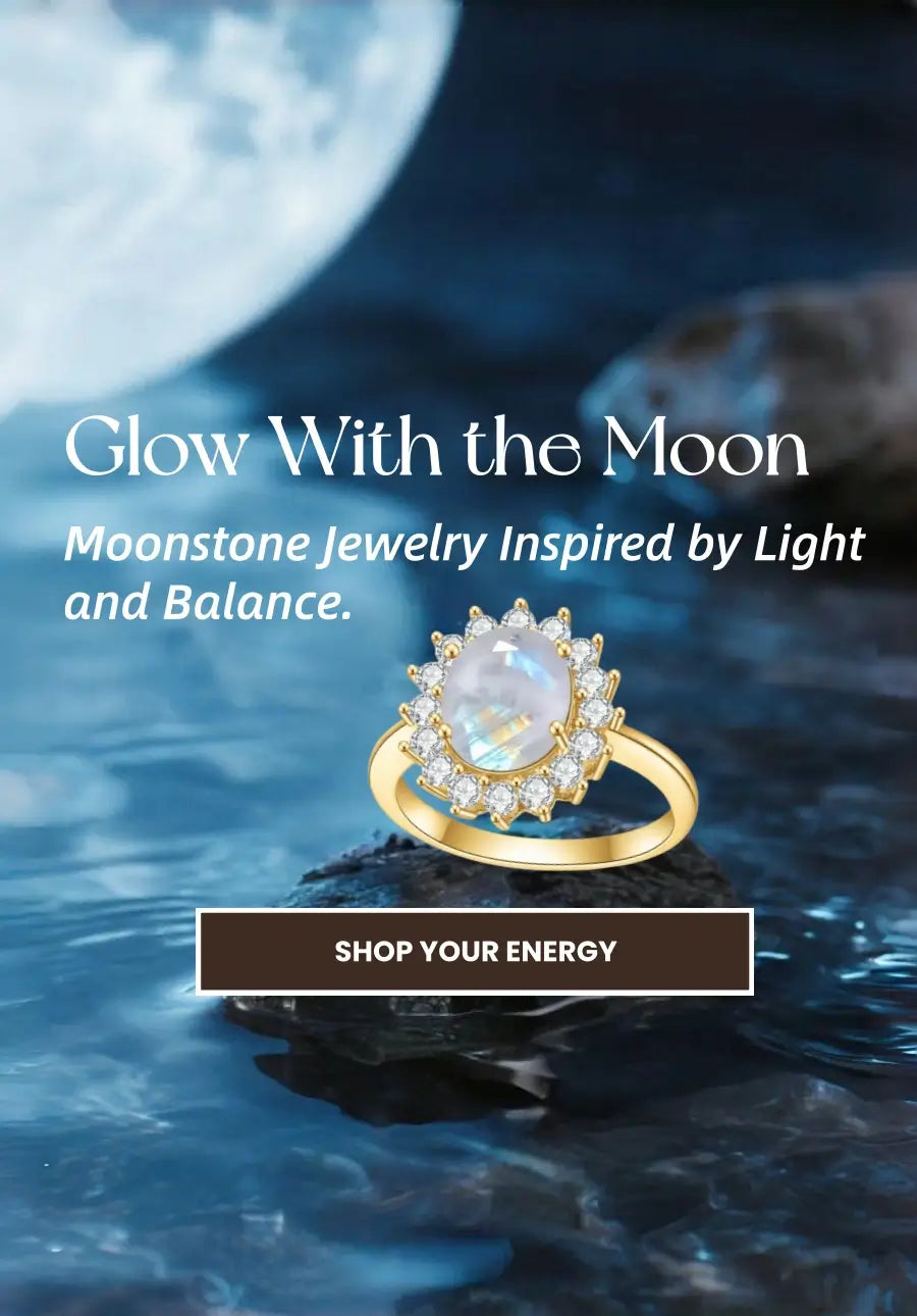 Colorful gemstone rings with corresponding stones and their meanings on a beige background.