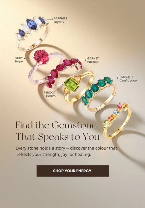 Set of gold rings with gemstones labeled, on a beige background with promotional text.