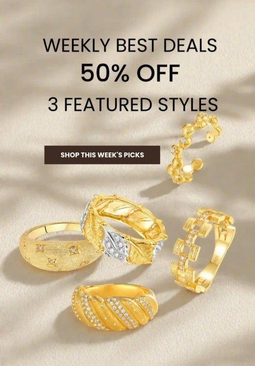 Gold rings with promotional text for weekly best deals on a beige background