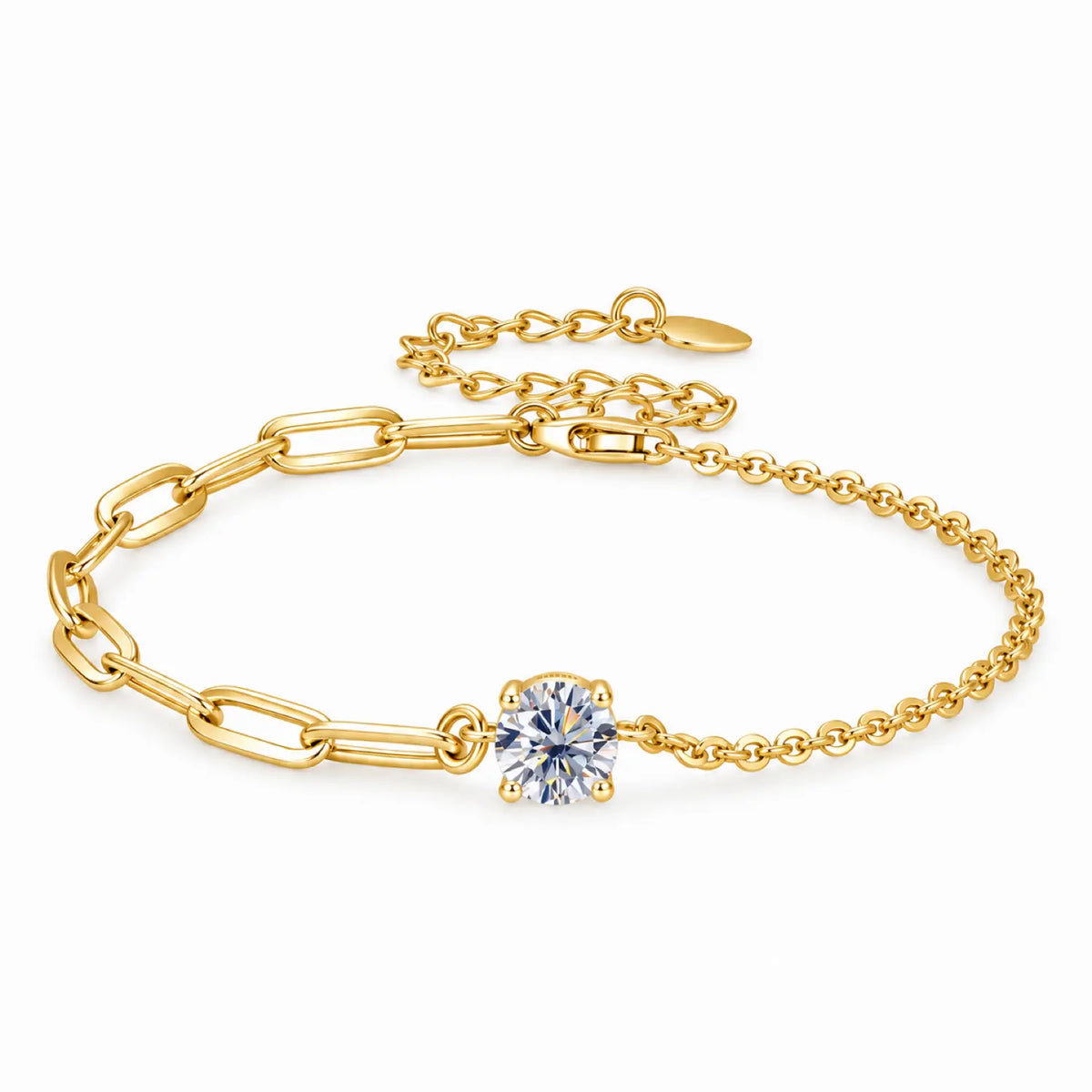 Yellow gold tone asymmetric moissanite solitaire chain bracelet