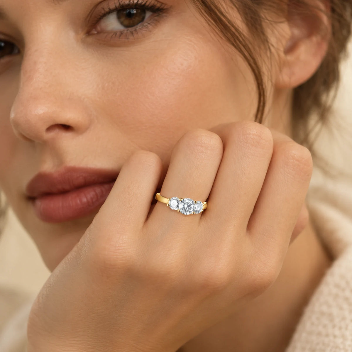 Round Three Stone Moissanite Engagement Ring in Gold Tone