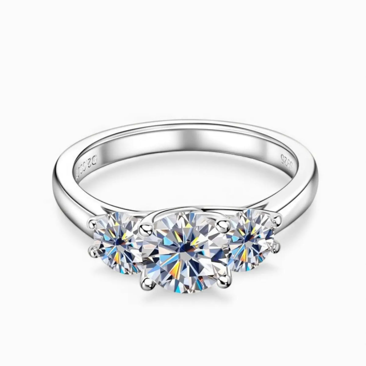 Silver-tone round three stone moissanite ring, prong setting