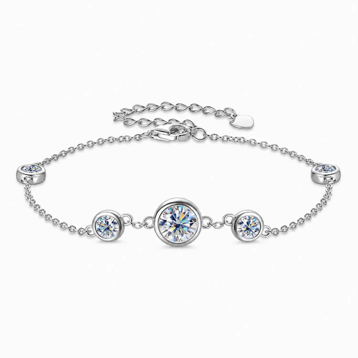 Silver tone five-stone bezel-set moissanite station bracelet