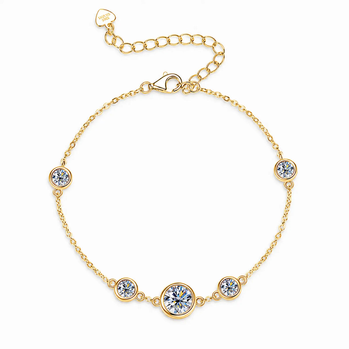 Five round moissanites spaced along a silver tone chain with a lobster clasp