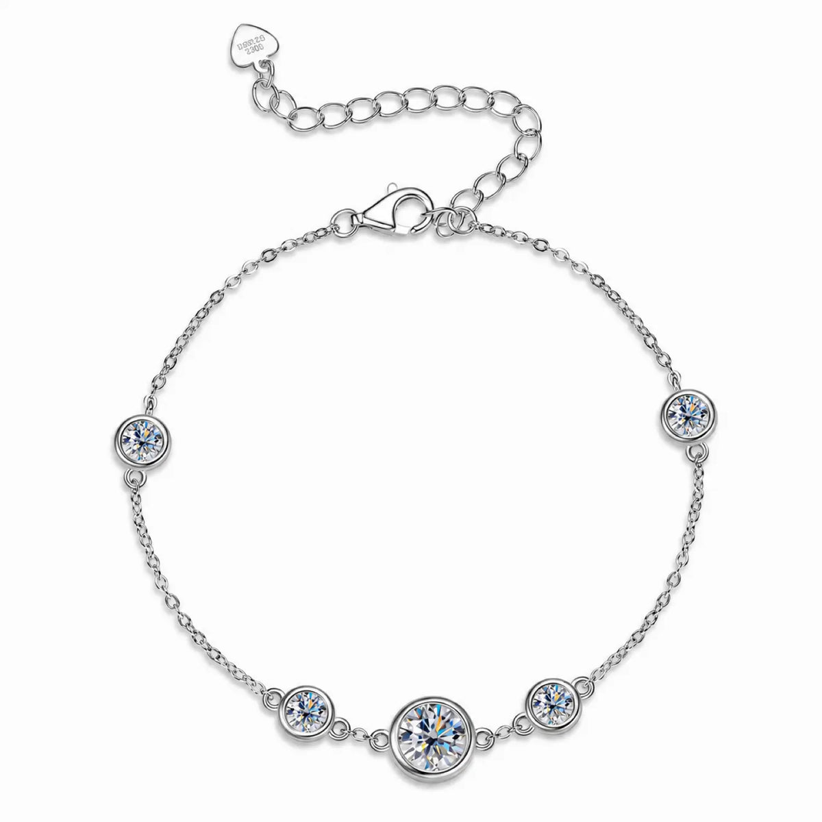 Front view of the silver tone five-stone moissanite station bracelet