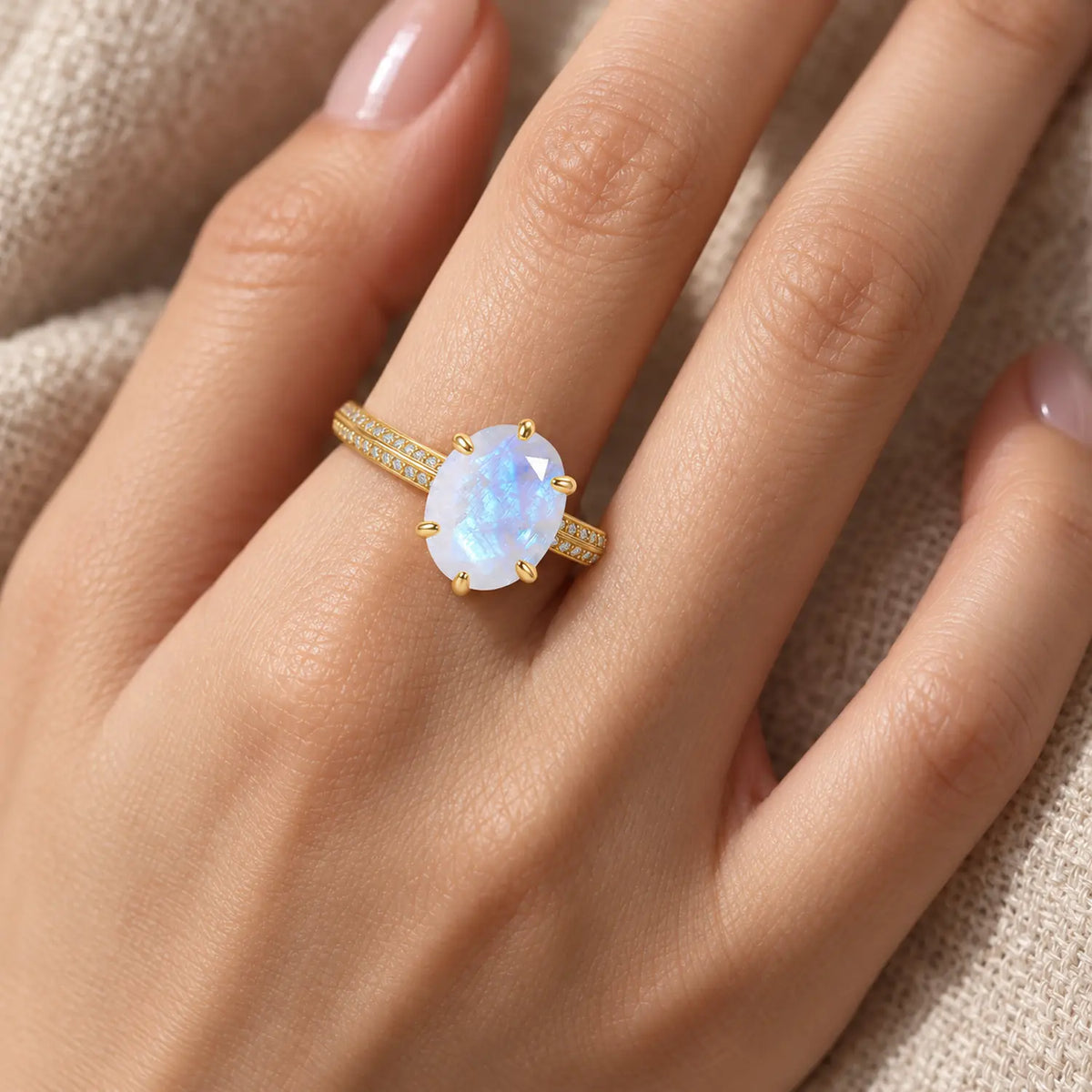 Oval Natural Moonstone Ring with Stone-Set Band