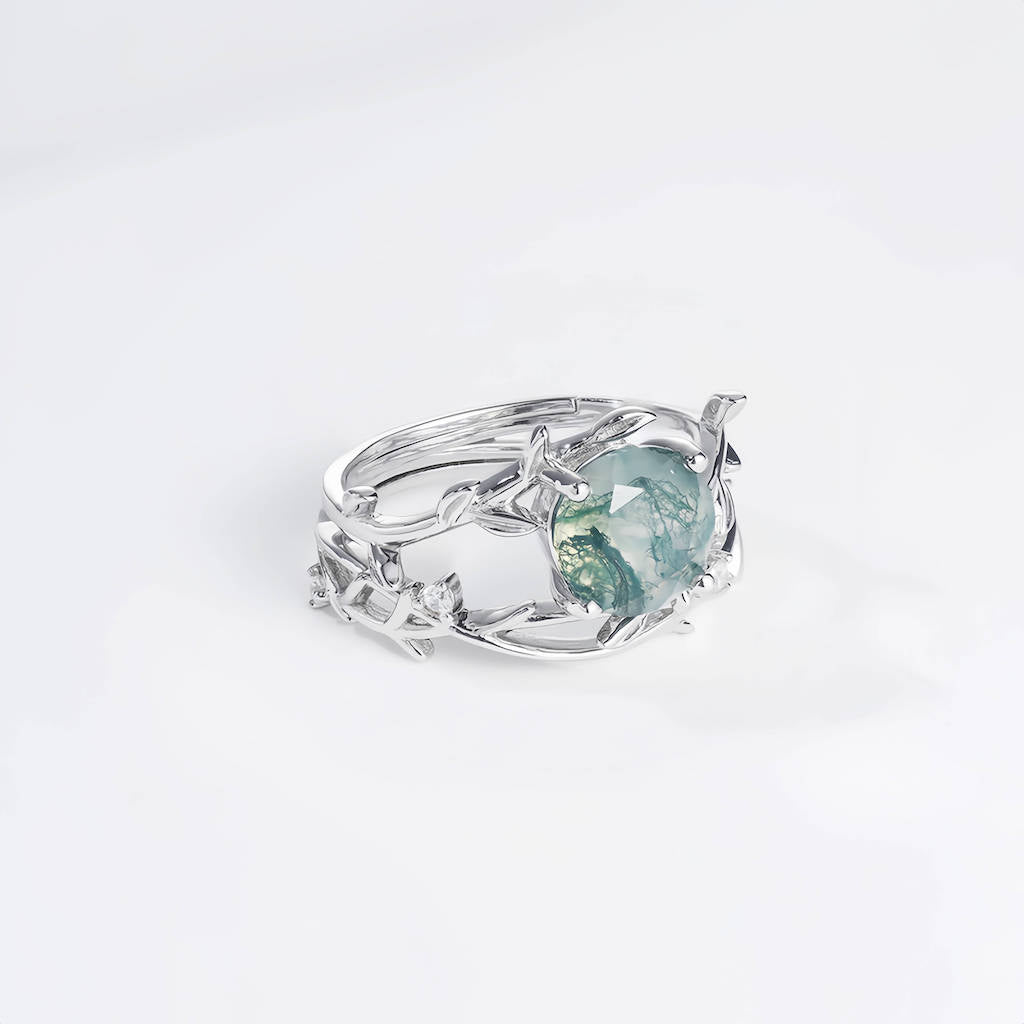 Moss Agate Stone Ring Round Healing Properties - Minerva Jewelry