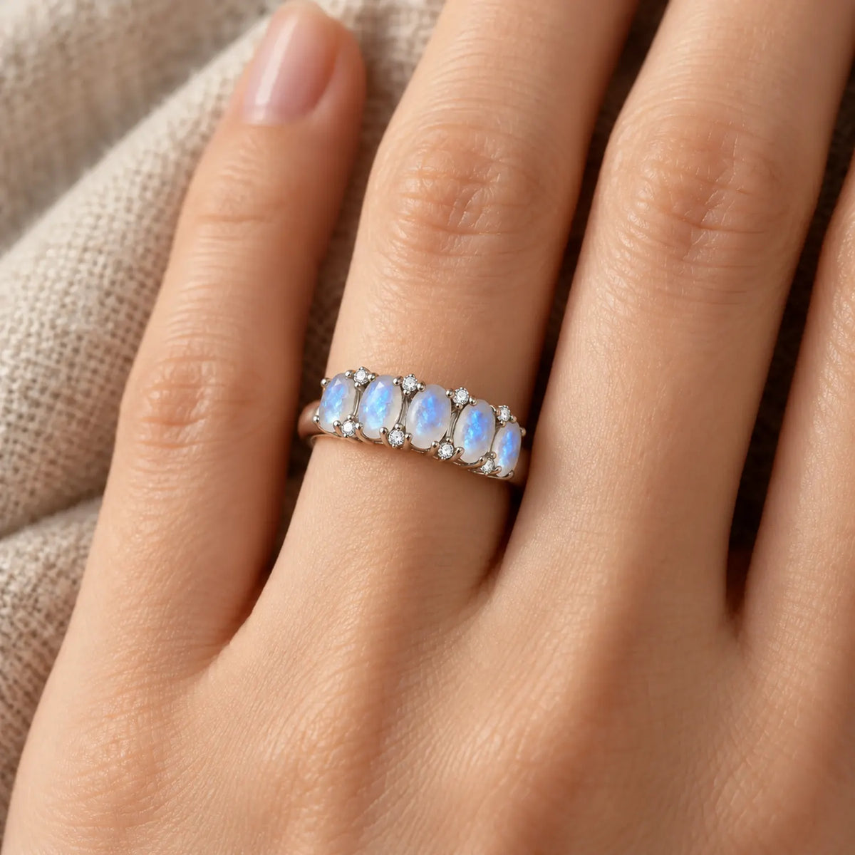 Five-Stone Natural Moonstone Band with Clear Accents