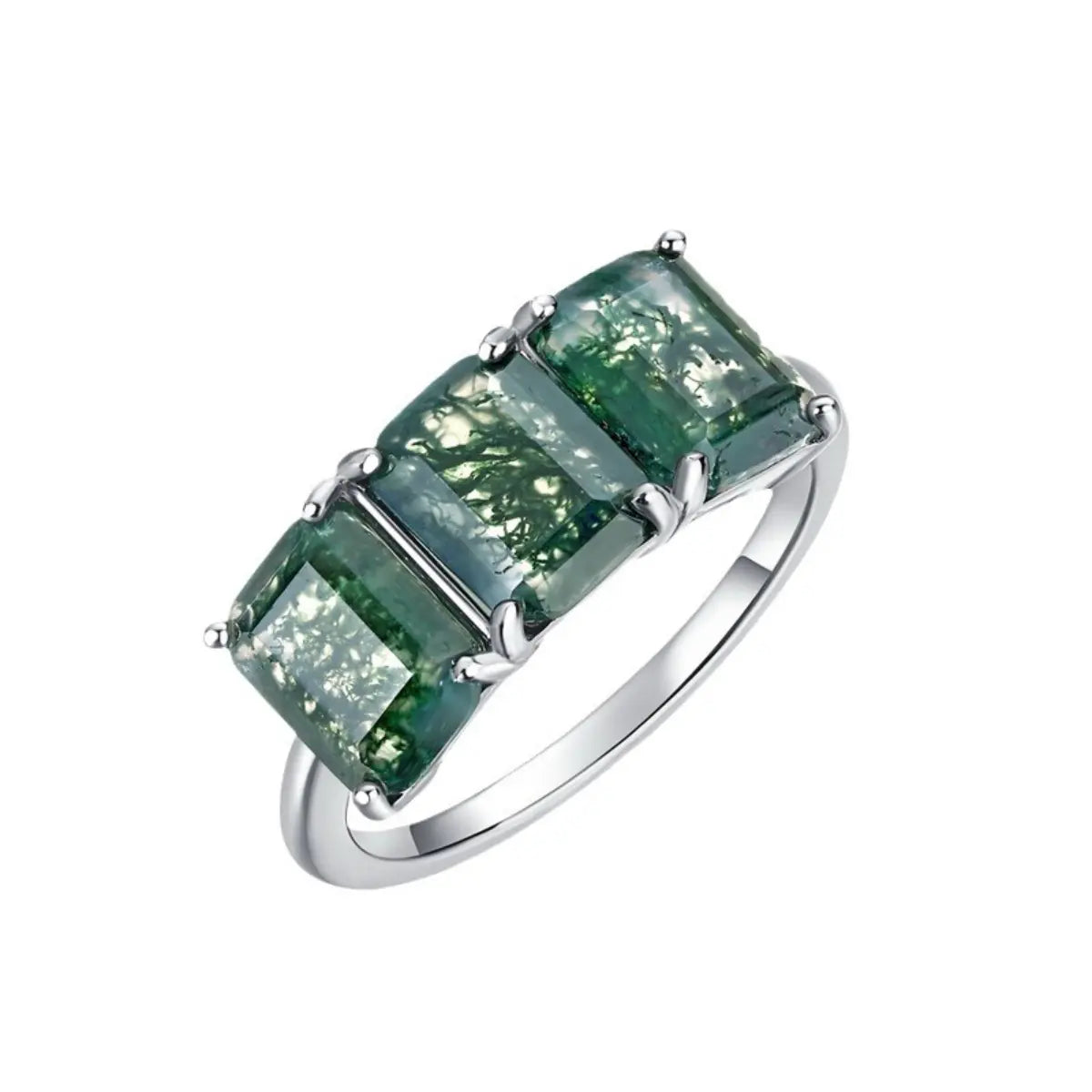 Natural Moss Agate Three Stone Ring