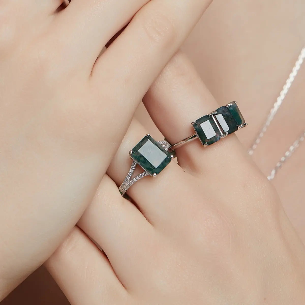 Natural Moss Agate Three Stone Ring